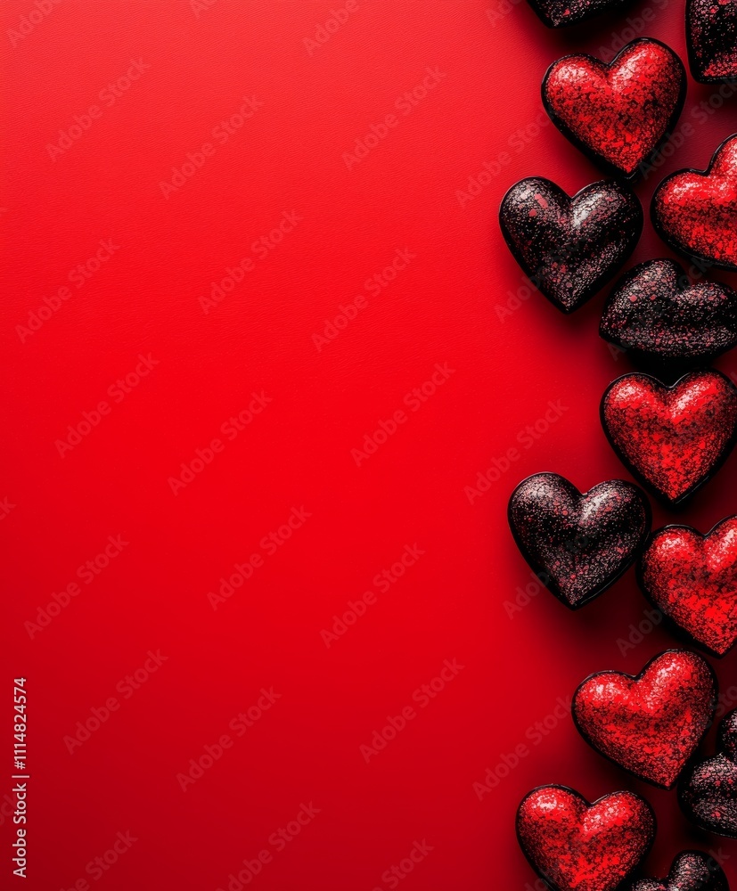Fototapeta premium A vibrant display of numerous hearts resting on a rich red background, symbolizing love and affection, perfect for Valentine's Day celebrations.