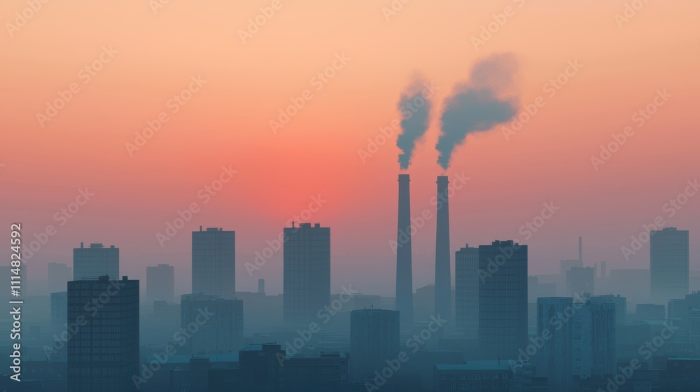 Fototapeta premium Pollution toxins air. Smoggy urban landscape with industrial elements under a hazy sky.