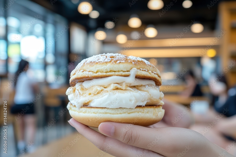 Delicious dessert sandwich featuring soft cream filling and fluffy bun, ideal for summer indulgence, perfect for bakery, café, or dessert shop promotional materials. Delicious dessert sandwich featuring soft cream filling and fluffy bun, ideal for summer indulgence, perfect for bakery, café, or dessert shop promotional materials.