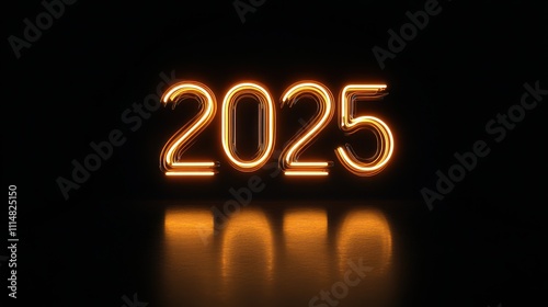 neon glowing new year 2025 sign on a dark reflective surface