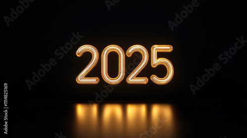 neon glowing new year 2025 sign on a dark reflective surface