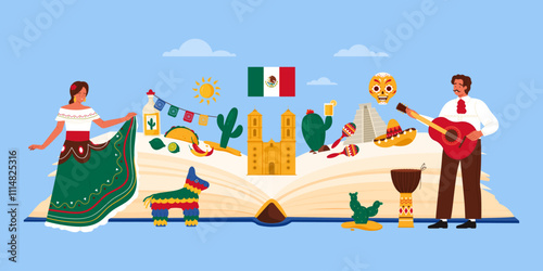 Mexico culture and architecture landmarks study in infographic collage. Open guide book and flag, dance to Latino guitar music of Mexican people, Mexican food, maracas cartoon vector illustration