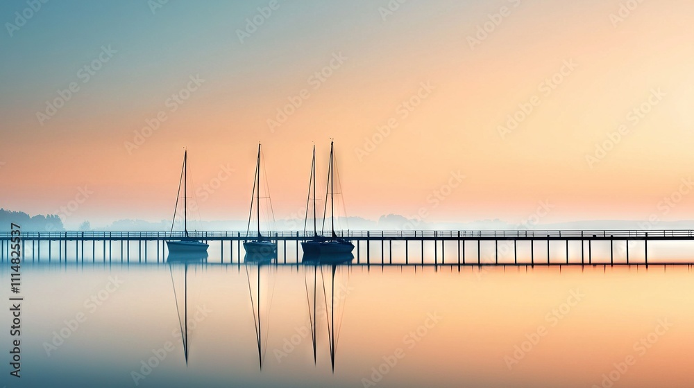 A pier with several boats in a calm body of water, framed by a distant bridge A pier with several boats in a calm body of water, framed by a distant bridge