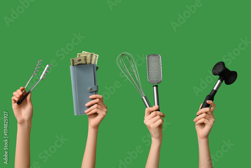 Women holding kitchen utens...