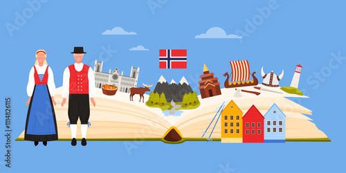 Norwegian culture elements, language and sights of Norway study in infographic collage. Open guide book and mountain landscape, people in traditional costumes and landmarks cartoon vector illustration