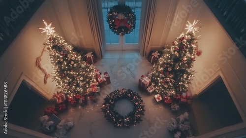 Festive Christmas Room with Decorated Trees and Wreath