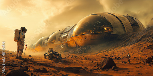 A futuristic Martian colony nestled within the red, rocky landscape of Mars. The scene features sleek, domed habitats with solar panels glinting under a pale, dusty sky. photo