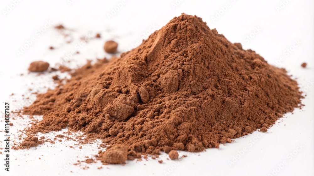 A delicate pile of finely ground cocoa powder with a smooth texture isolated on a white background. A delicate pile of finely ground cocoa powder with a smooth texture isolated on a white background.