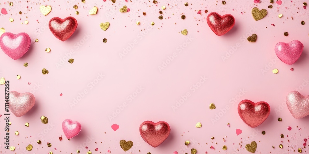 A vibrant display of hearts scattered on a pink surface, adorned with shimmering gold confetti, perfect for celebrating love on Valentine's Day. A vibrant display of hearts scattered on a pink surface, adorned with shimmering gold confetti, perfect for celebrating love on Valentine's Day.