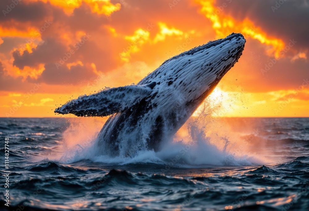 Fototapeta premium Humpback whale breaching out of the ocean with dramatic splash at sunset, glowing sunlight and vibrant sky, showcasing marine life and the beauty of nature's wildlife in its habitat 