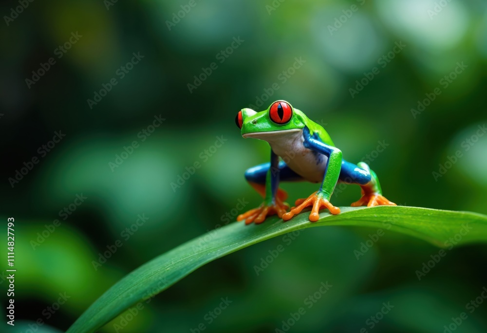 Naklejka premium Vivid red-eyed tree frog perched on a green leaf surrounded by lush rainforest foliage, showcasing vibrant colors and the beauty of tropical wildlife in a natural environment 