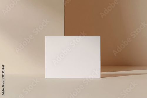 A blank white square card sits on a beige surface, with light and shadow on a beige and light brown background