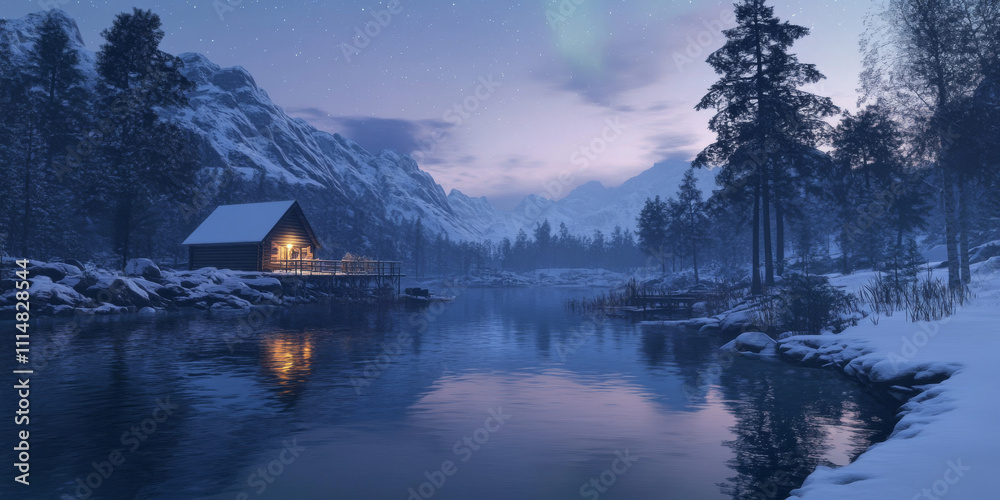 Fototapeta premium A tranquil Scandinavian fjord at dusk, with calm waters mirroring the snowy cliffs, a small wooden cabin nestled in the landscape, and the ethereal glow of northern lights above. The serene and