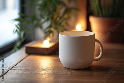 A white mug sits on a wooden table near a window, with small candles and plants nearby.
