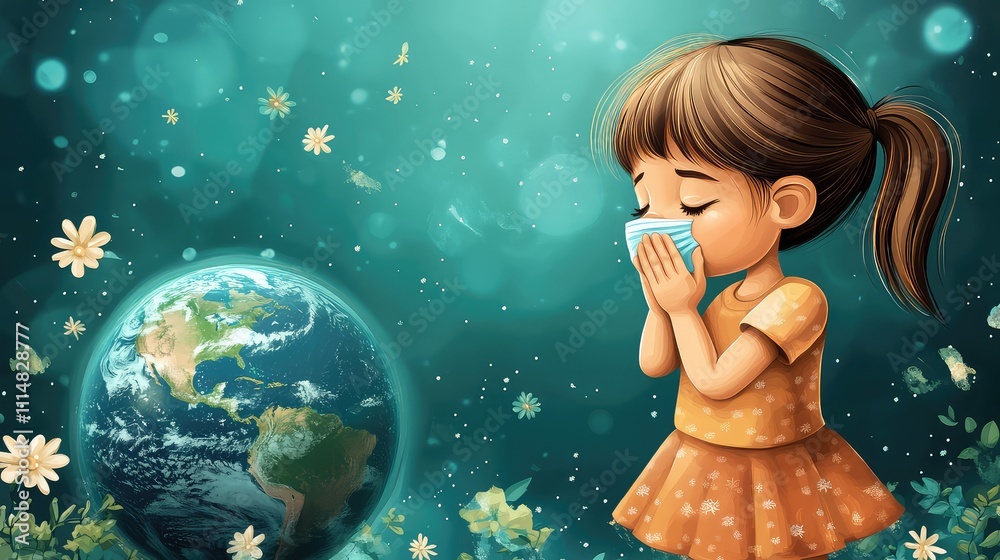 Vector Illustration of a Cartoon Girl Sneezing Over an Earth Planet Vector Illustration of a Cartoon Girl Sneezing Over an Earth Planet