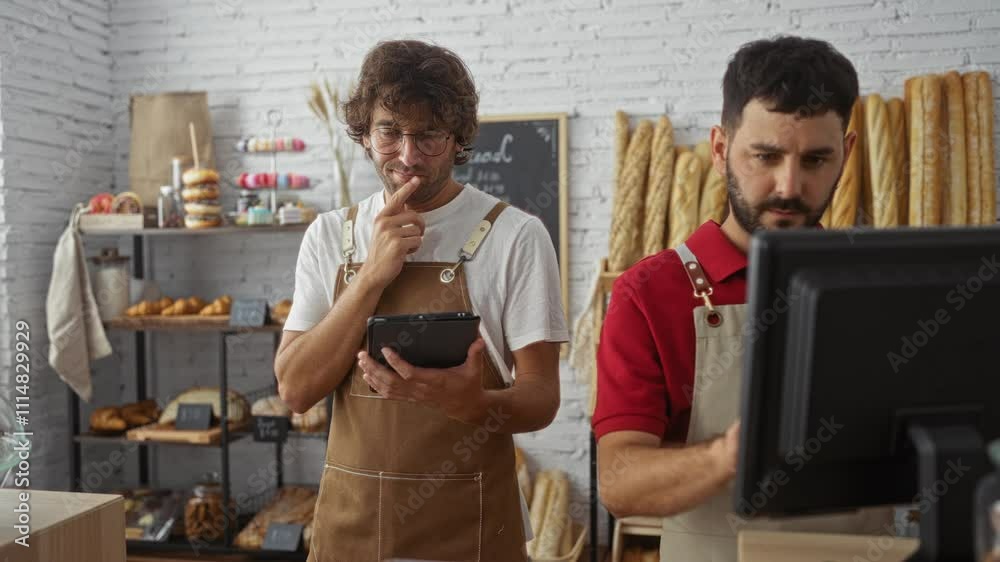 Men working in a bakery shop while one uses a tablet and the other operates a computer, surrounded by bread and pastries Men working in a bakery shop while one uses a tablet and the other operates a computer, surrounded by bread and pastries