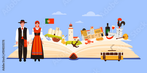 Portugal culture and architecture landmarks study in infographic collage banner with open paper book, Portuguese in traditional dress, Pena Palace and Belem Tower, food cartoon vector illustration