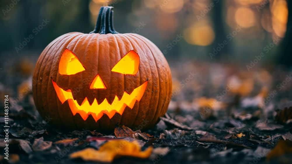 Glowing jack-o-lantern surrounded by autumn leaves in a forest at dusk Glowing jack-o-lantern surrounded by autumn leaves in a forest at dusk