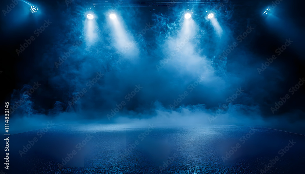 Obraz premium The dark stage shows, dark blue background, an empty dark scene, neon light, spotlights The asphalt floor and studio room with smoke float up the interior