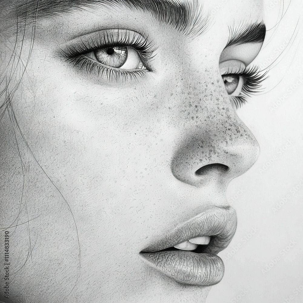 Obraz premium A pencil drawing of a woman's face with freckles on her nose and chestnut-colored eyes