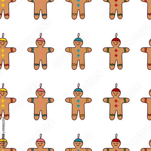 Seamless pattern with Gingerbread man. Cute hand drawn doodle figures. Merry Christmas and Happy New Year ornament. Cartoon design background. Colorful outline icons.