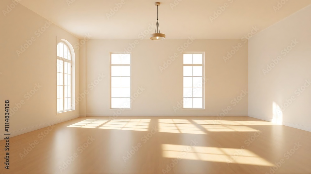 Fototapeta premium Bright empty modern spacious room with natural sunlight illuminating a light wooden floor, concept for interior design, real estate and renovation projects