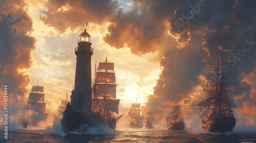 a painting of alexandria lighthouse with many ships around it