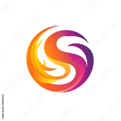 Abstract circular logo design featuring letter S, stylized as fiery flames in orange, yellow, and purple gradients. photo