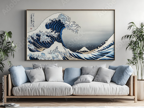 Carta da parati The great wave off kanagawa painting reproduction, wave of blue, japanese style,