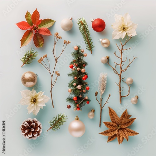 Beauriful Christmas pattern made of Christmas decoration and fir branches on blue pastel background. Flat lay, top view.
