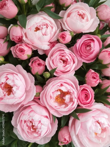 A beautiful arrangement of pink peonies and roses, perfect for background design or greeting cards, copy space, blooming