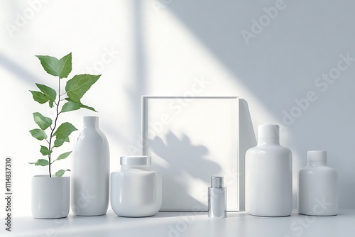 Wallpaper Mural A minimalist arrangement of white containers, a plant, and a blank frame on a soft-lit surface. Torontodigital.ca