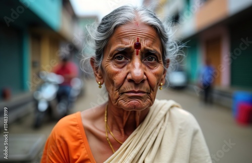 Elderly Indian woman stands on city street. Serious expression on face. Wears traditional Indian clothing. Image captures aspects of Indian culture, aging process. Street scene suggests urban photo