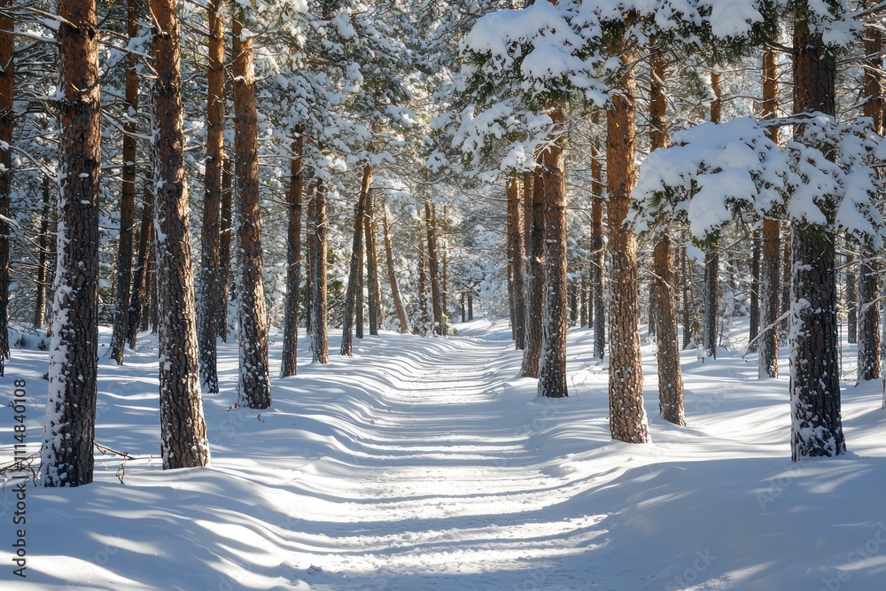 Obraz premium Snow-covered pine trees on a quiet forest trail, sunlight casting long shadows