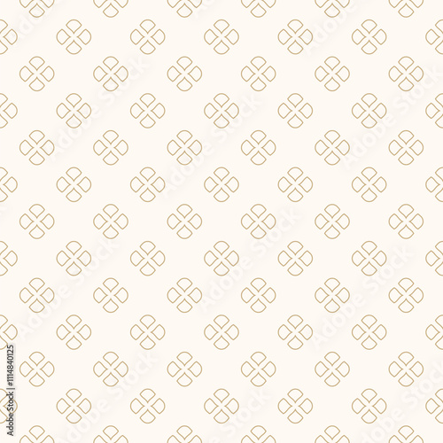 Golden minimal floral geometric seamless pattern. Subtle vector white and gold abstract background with small outline flowers. Simple minimalist ornament texture. Luxury repeated geo design for decor