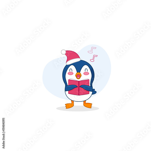Penguin in Santa hat is singing carols 
