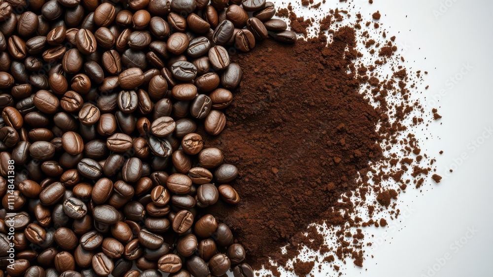 Obraz premium Close up shot of coffee beans and grounds from above, drink, preparation