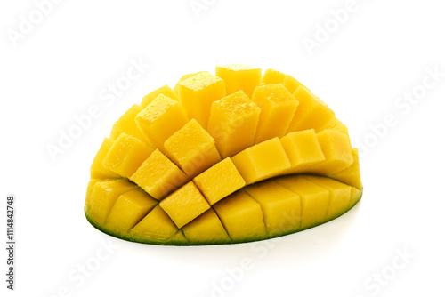 Beautifully sliced mango, tropical fruit, isolated on white background. High resolution image.