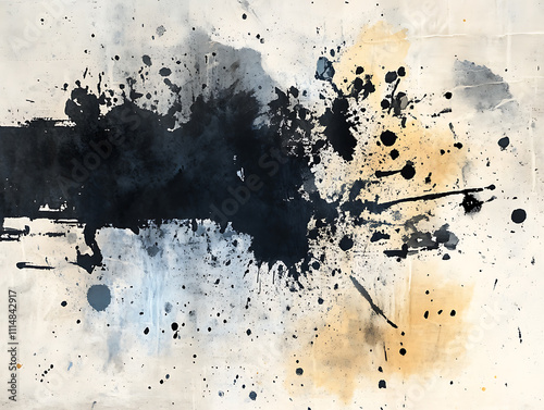 Watercolor paint with a black stain, featuring creative blots, splashes, and washes, paper-textured background with aquarelles, brushstrokes and an abstract shape photo