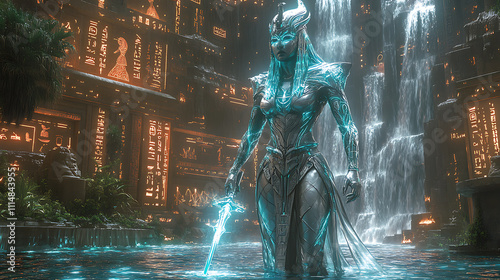 Tefnut in glowing aqua and silver armor, wielding an energy trident, surrounded by a cybernetic oasis with neon waterfalls and holographic waves photo