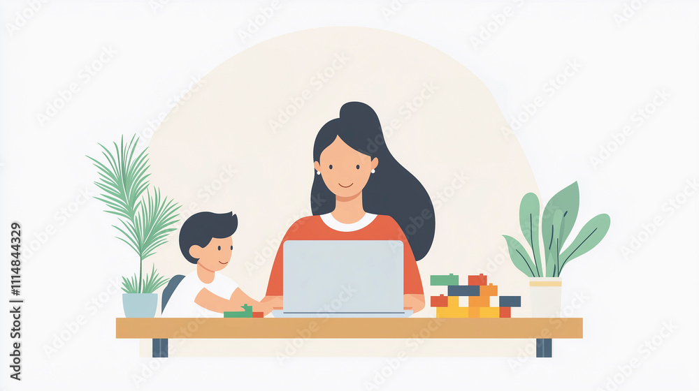 A happy, smiling woman mother is working from home while caring for and playing with her child, beautifully illustrating the balance of remote work, healthy childhood, and motherhood
