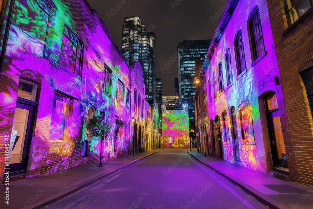 Obraz premium A stunning nighttime light installation casts purple, green, and gold hues onto building facades, illuminating the carnival with vibrant energy
