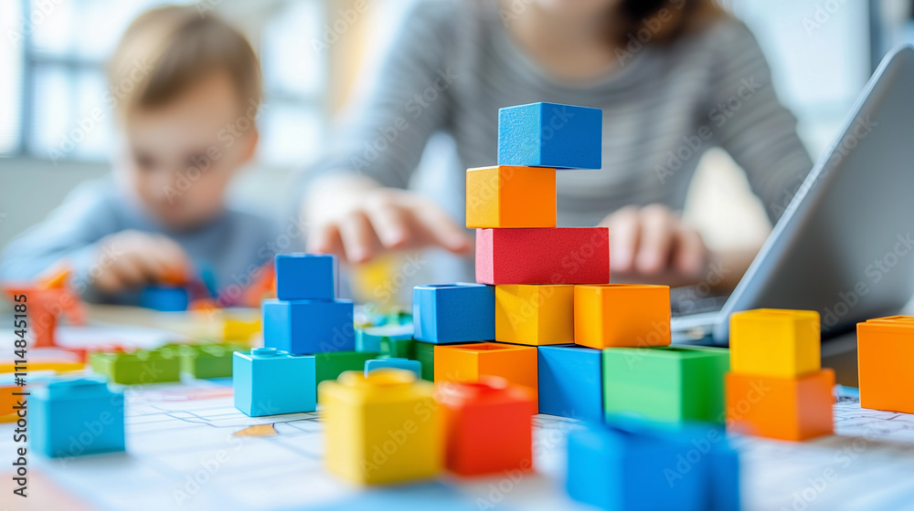 A playful and colorful children's game is set on a desk, while in the background, a happy smiling mother works from home, caring for and playing with her child