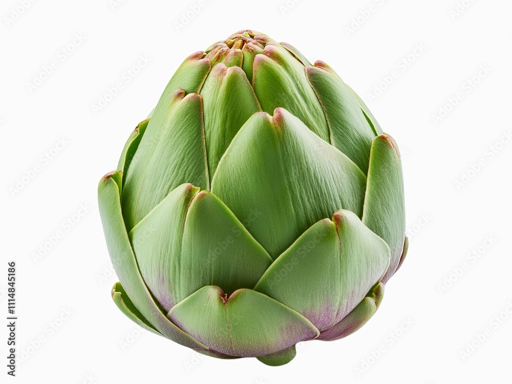 Obraz premium Closeup of a whole head of artichoke (also known by the names French artichoke, green artichoke, and globe artichoke) isolated on a white background.