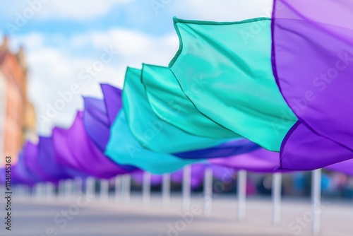 Vibrant purple and green flags flutter in the wind as a lively Mardi Gras parade kicks off, with spectators cheering along the street photo