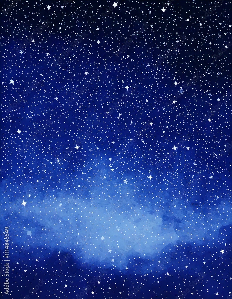 Fototapeta premium Watercolor Night Sky Vector Illustration. Vast night sky overflowing with stars. The background is a deep, inky blue with washes of purple and black. The stars are in a variety of sizes and shapes
