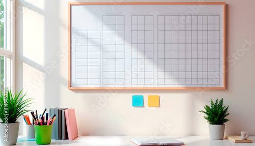Minimalist whiteboard and stationery in a bright study space