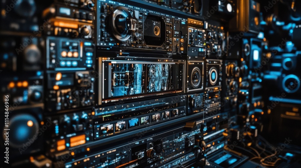 A complex array of audio-visual equipment and controls in a dark, illuminated environment. A complex array of audio-visual equipment and controls in a dark, illuminated environment.
