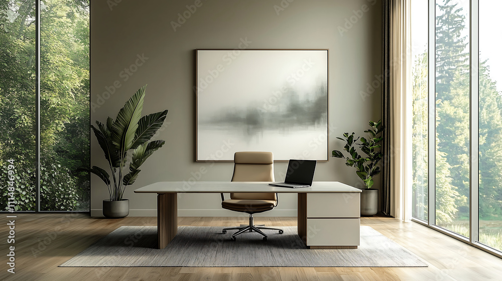 Fototapeta premium Modern office with nature view and minimalist design