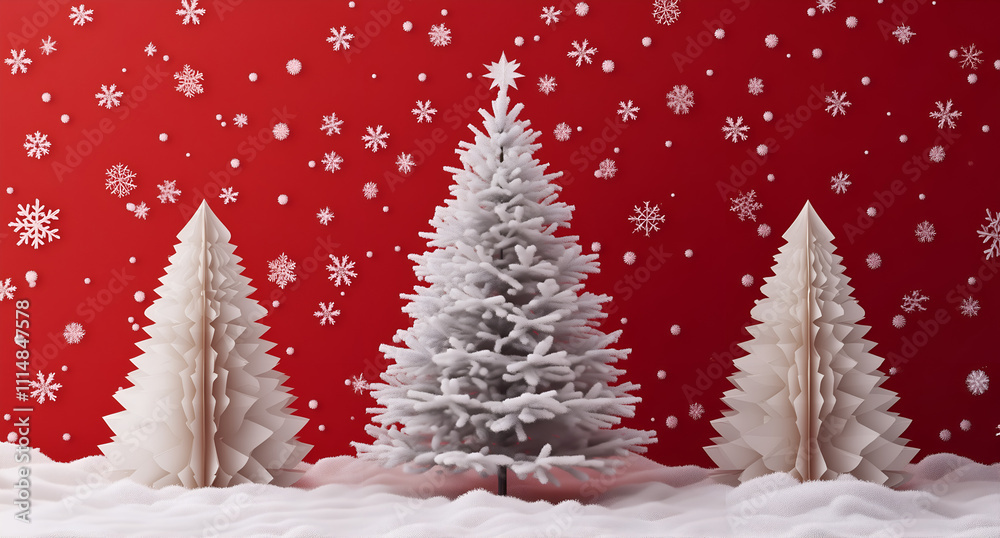 Fototapeta premium 3D render of a Christmas tree in the middle of two white paper trees on a red background with snowflakes.